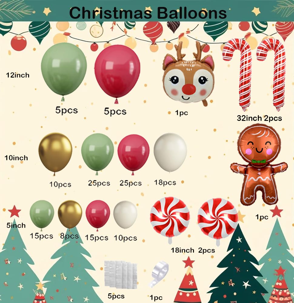 142-Piece Christmas Balloon Arch Kit - Sage Green, Red, Sand & Gold with Foil Shapes