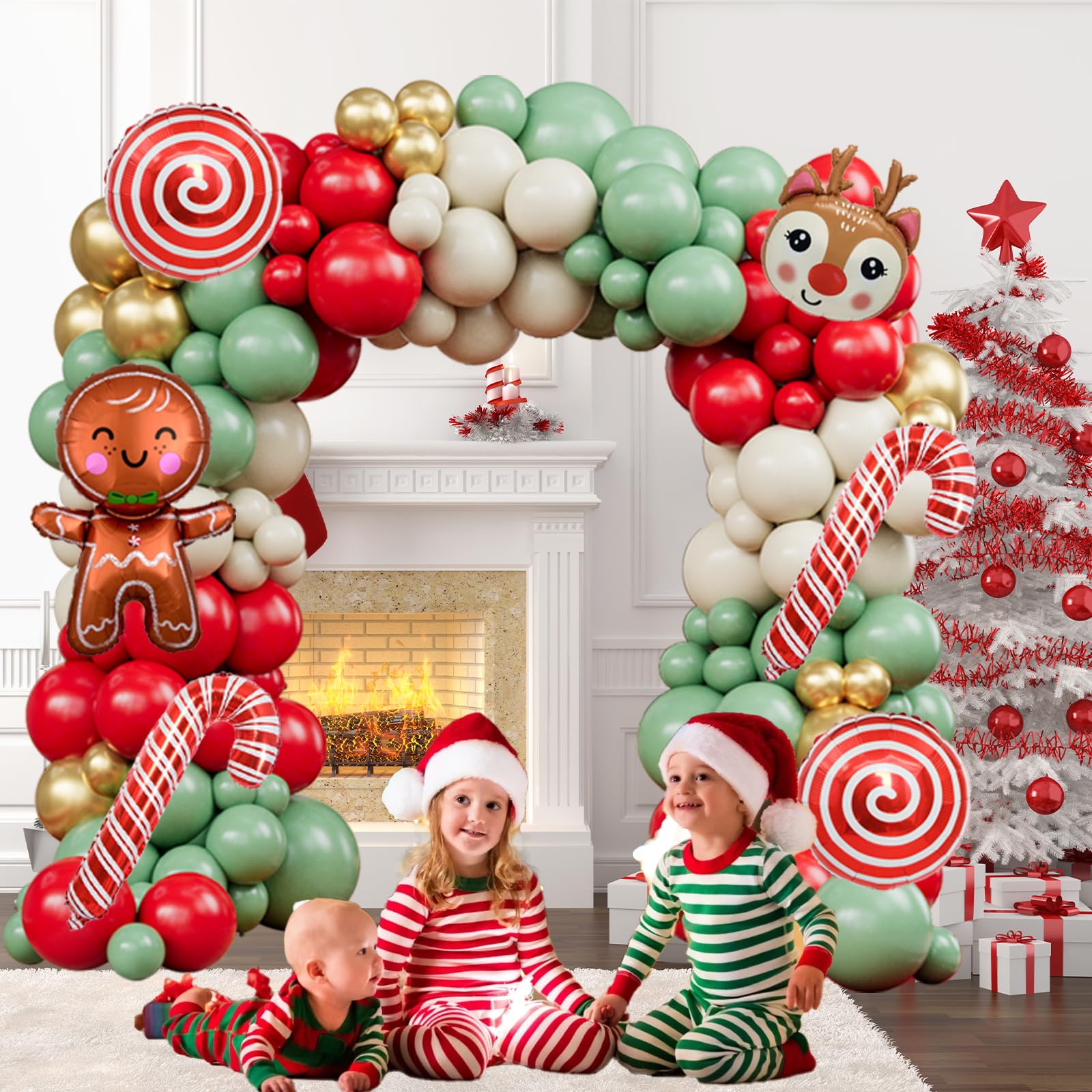 142-Piece Christmas Balloon Arch Kit - Sage Green, Red, Sand & Gold with Foil Shapes