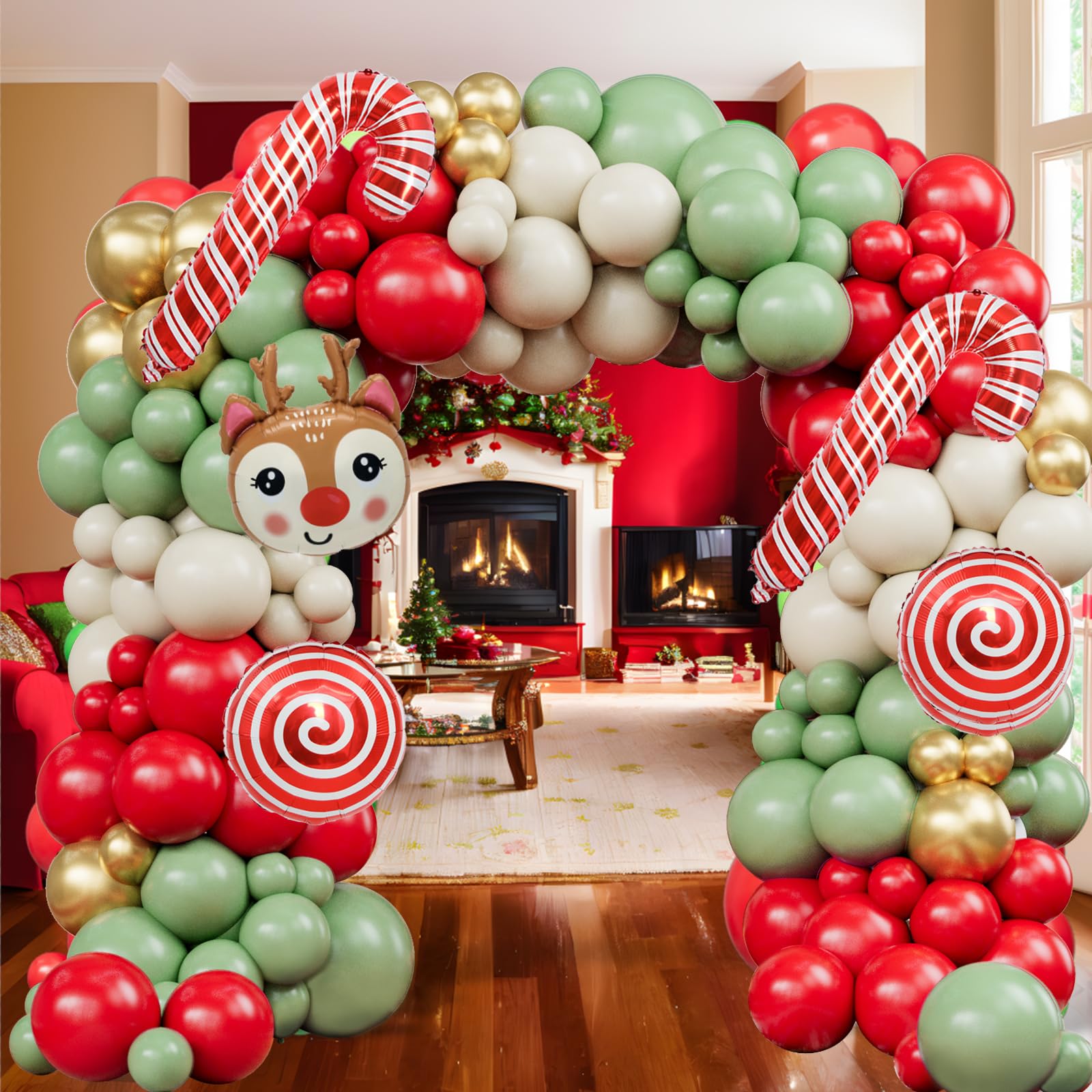 142-Piece Christmas Balloon Arch Kit - Sage Green, Red, Sand & Gold with Foil Shapes
