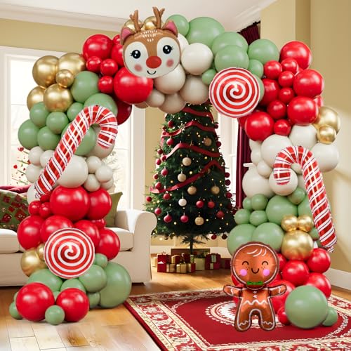142-Piece Christmas Balloon Arch Kit - Sage Green, Red, Sand & Gold with Foil Shapes