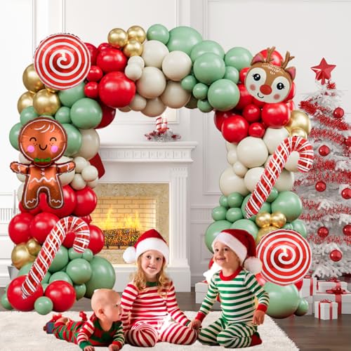 142-Piece Christmas Balloon Arch Kit - Sage Green, Red, Sand & Gold with Foil Shapes