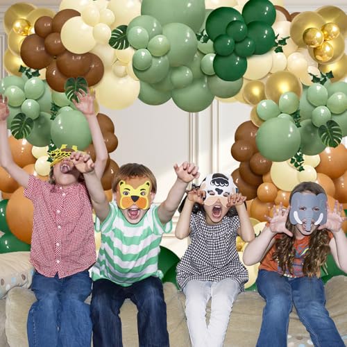 142-Piece Jungle Safari Balloon Arch Kit – Sage Green & Brown with Palm Leaves for Wild One or Woodland Party Decor