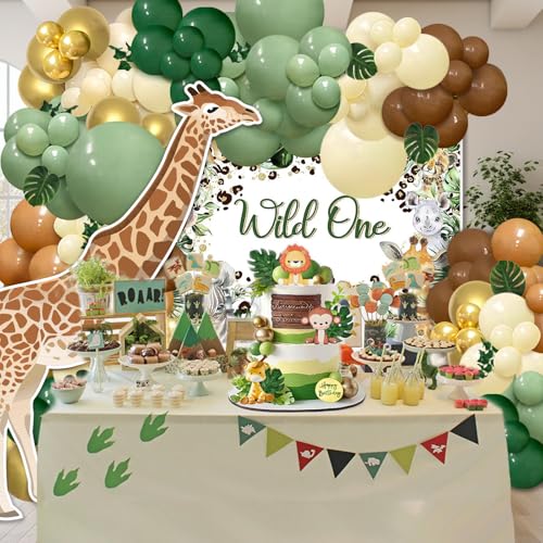 142-Piece Jungle Safari Balloon Arch Kit – Sage Green & Brown with Palm Leaves for Wild One or Woodland Party Decor