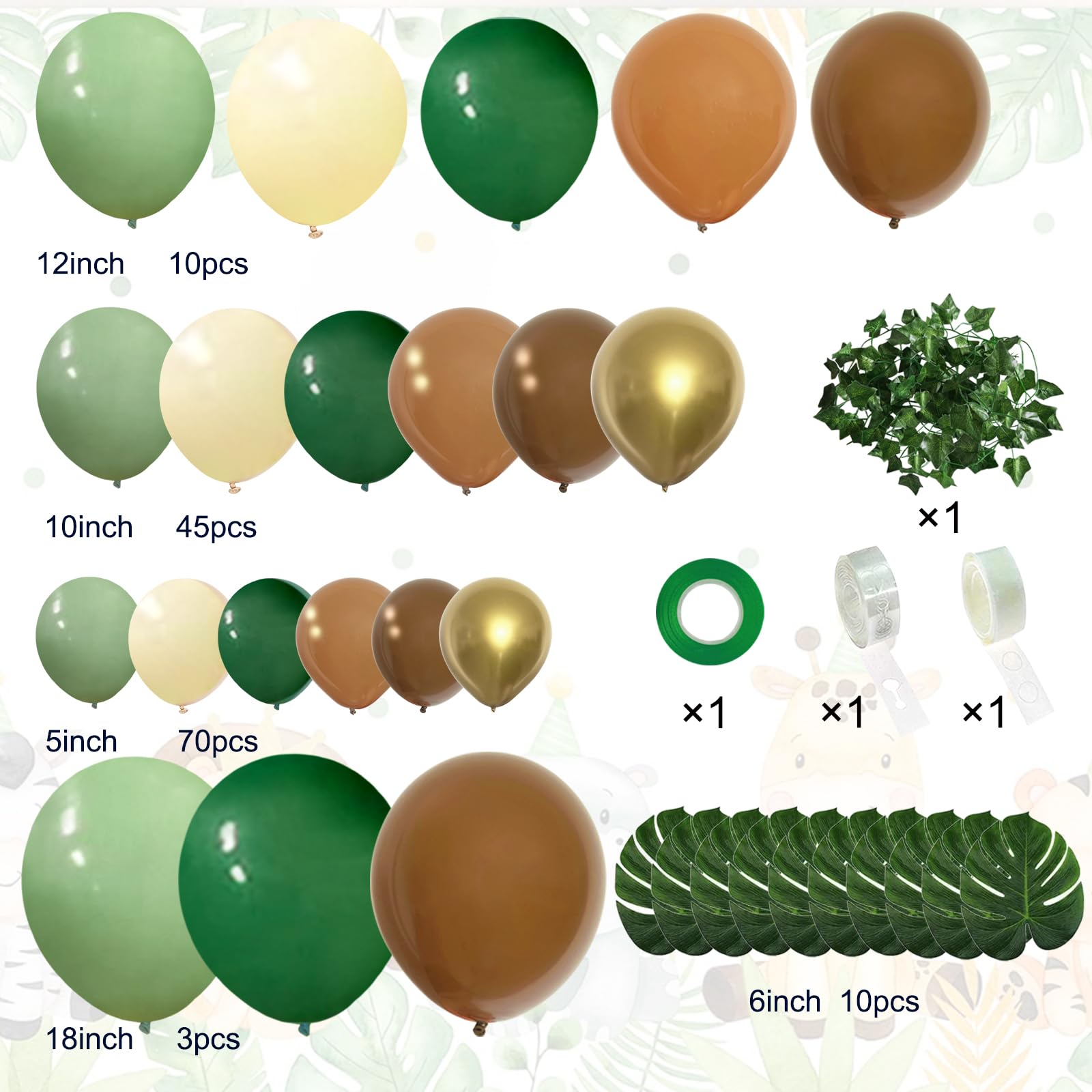 142-Piece Jungle Safari Balloon Arch Kit – Sage Green & Brown with Palm Leaves for Wild One or Woodland Party Decor