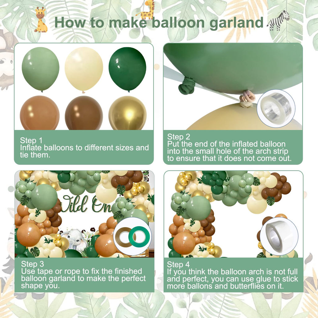 142-Piece Jungle Safari Balloon Arch Kit – Sage Green & Brown with Palm Leaves for Wild One or Woodland Party Decor