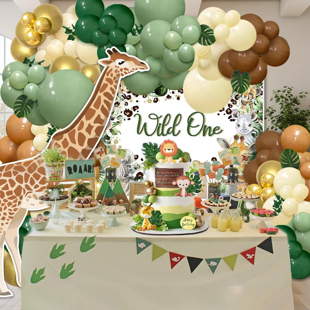 142-Piece Jungle Safari Balloon Arch Kit – Sage Green & Brown with Palm Leaves for Wild One or Woodland Party Decor