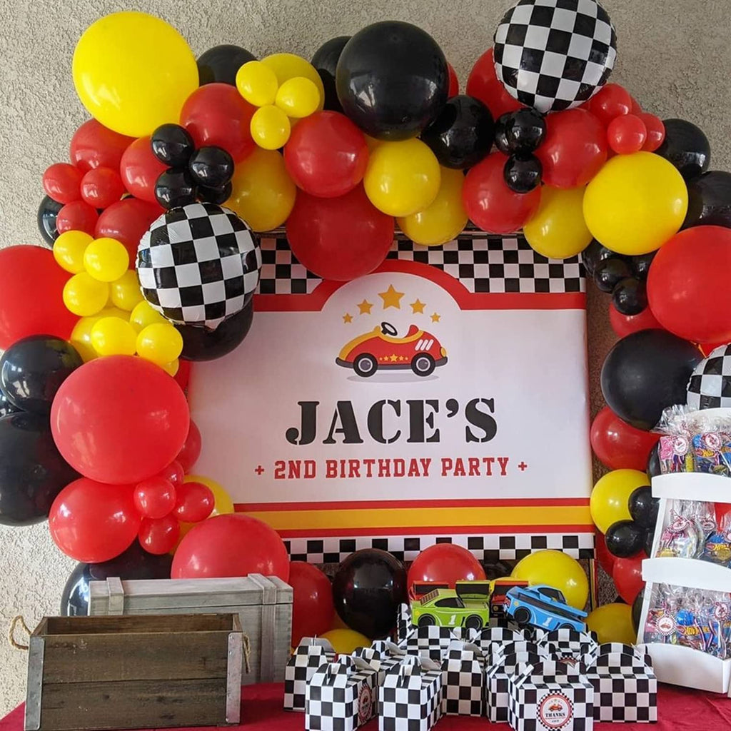 146-Piece Race Car Balloon Arch Garland Kit - Checkered Foil & Latex Balloons for Car Themed Birthday Party Decorations