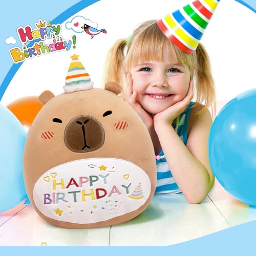 14in Capybara Birthday Plush Pillow – Soft PP Cotton Stuffed Animal with Birthday Hat, Cute Gift for Kids