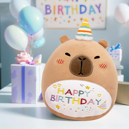 14in Capybara Birthday Plush Pillow – Soft PP Cotton Stuffed Animal with Birthday Hat, Cute Gift for Kids