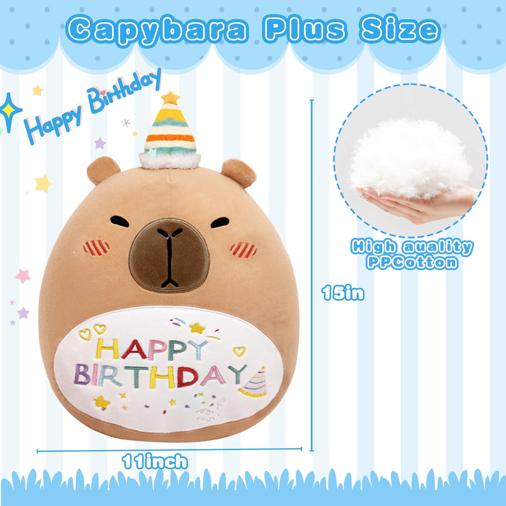 14in Capybara Birthday Plush Pillow – Soft PP Cotton Stuffed Animal with Birthday Hat, Cute Gift for Kids