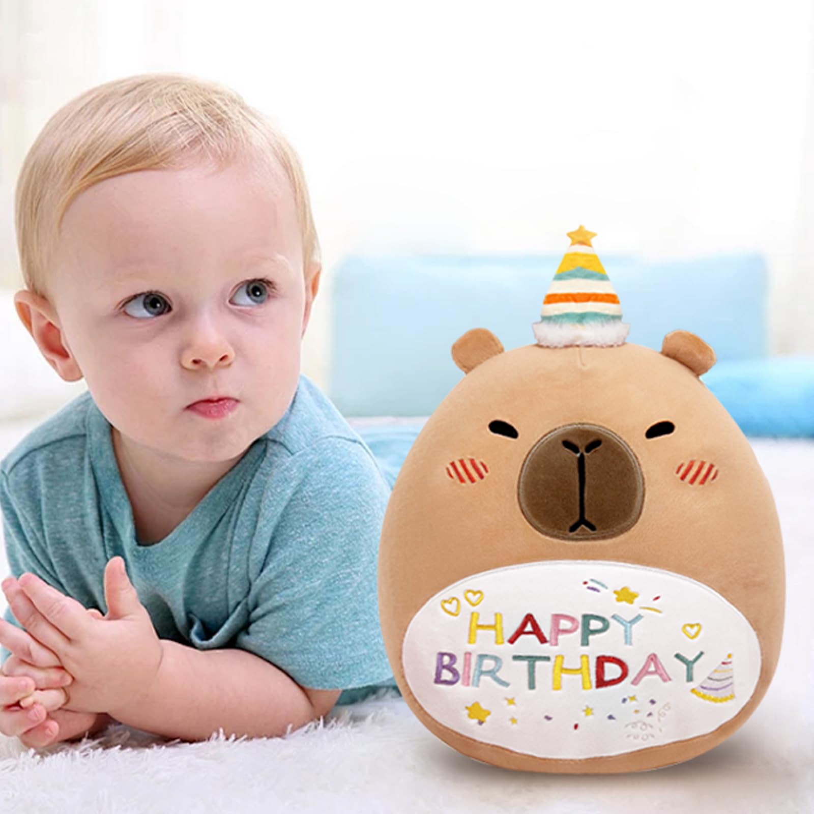 14in Capybara Birthday Plush Pillow – Soft PP Cotton Stuffed Animal with Birthday Hat, Cute Gift for Kids