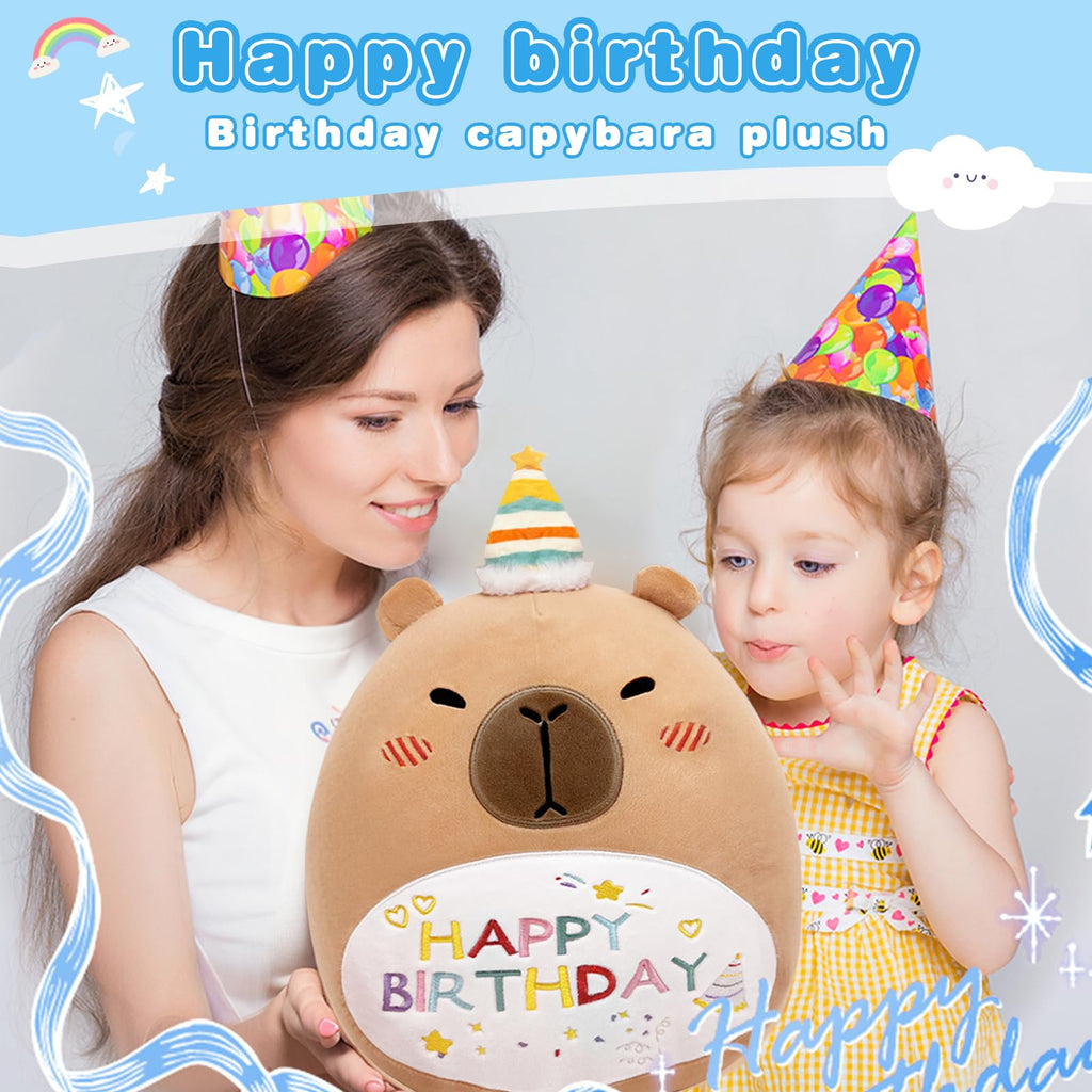 14in Capybara Birthday Plush Pillow – Soft PP Cotton Stuffed Animal with Birthday Hat, Cute Gift for Kids