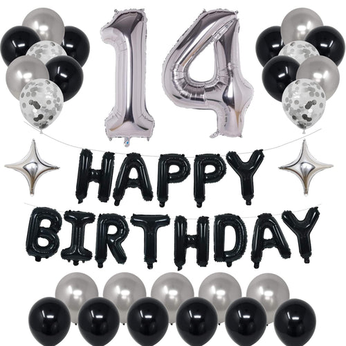 14th Birthday Decorations Kit with Banner, Balloons, and Confetti - Black & Silver - NANINUNENO