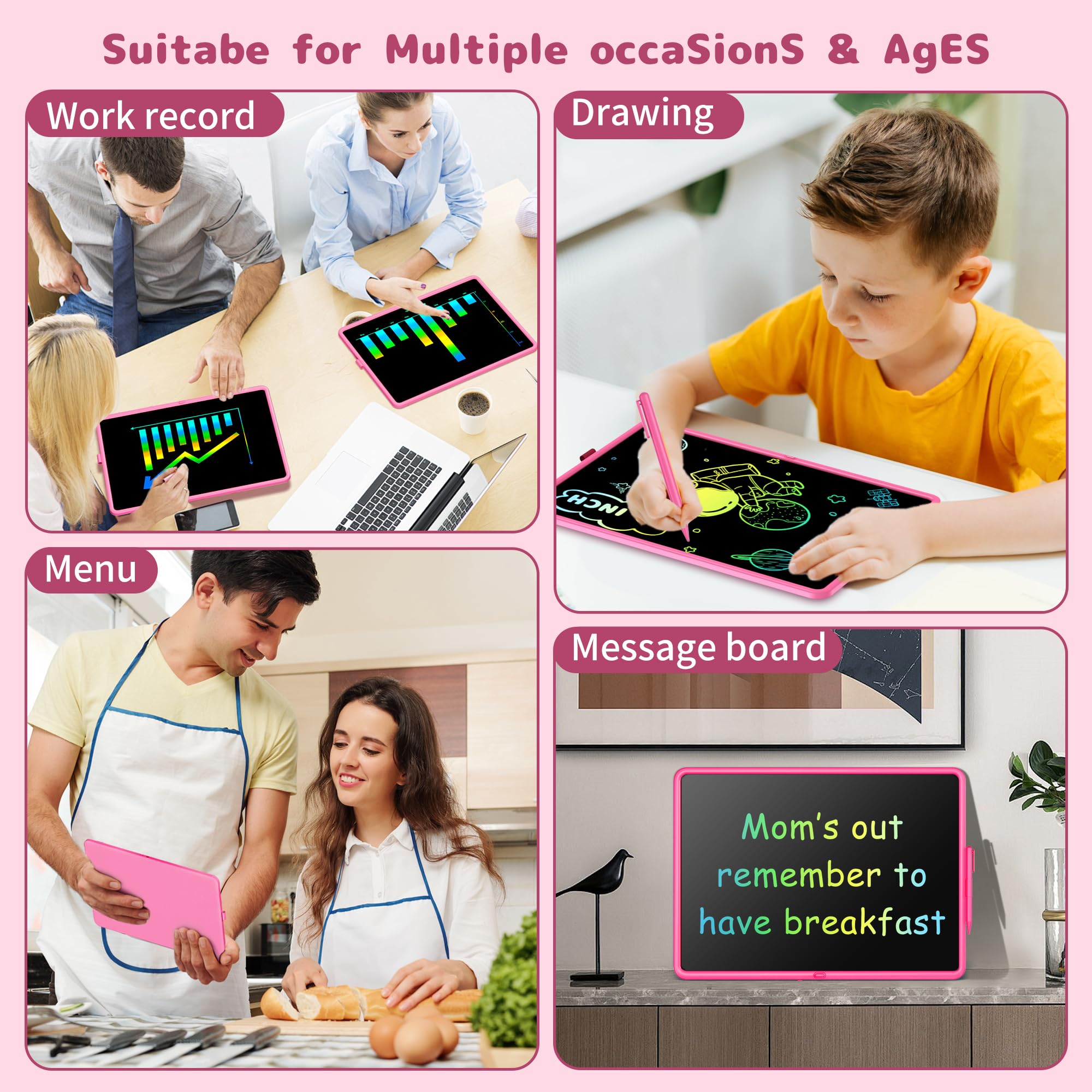 15-Inch LCD Writing Tablet for Kids - Pink, Rechargeable Doodle Board with Stylus, Educational Toy for Ages 3+