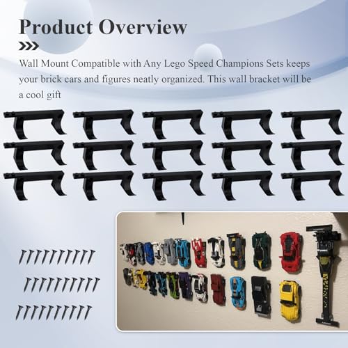15-Pack Black Wall Mount for Lego Speed Champions Cars with Figure Base