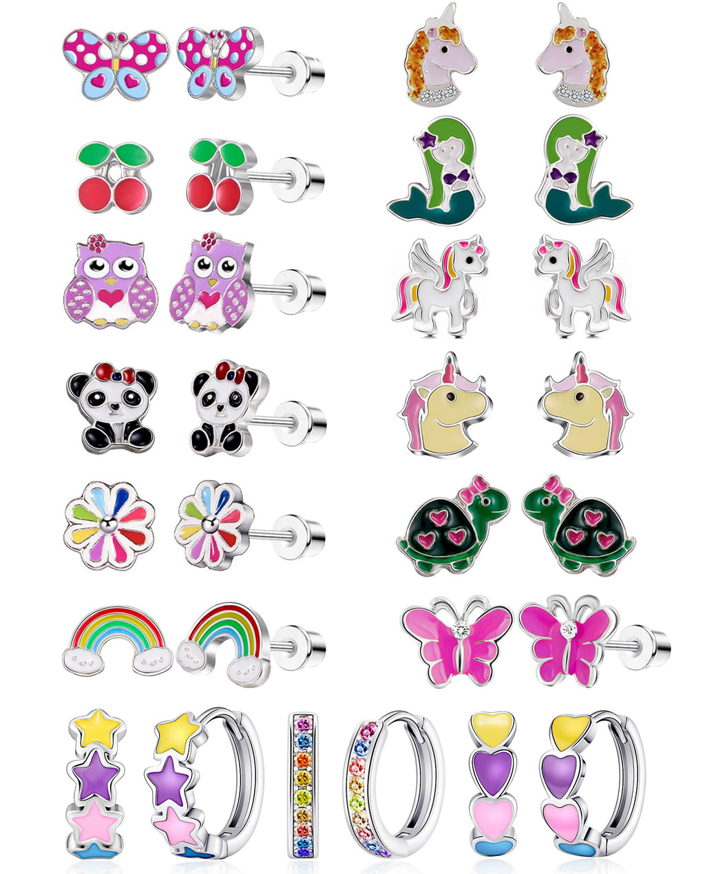 15 Pairs Stud Earrings Set: 12 Cartoon Flat Backs & 3 Mini Hoops with Stainless Steel Screwback Posts