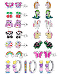 15 Pairs Stud Earrings Set: 12 Cartoon Flat Backs & 3 Mini Hoops with Stainless Steel Screwback Posts