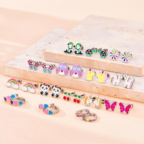 15 Pairs Stud Earrings Set: 12 Cartoon Flat Backs & 3 Mini Hoops with Stainless Steel Screwback Posts