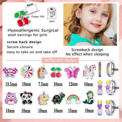 15 Pairs Stud Earrings Set: 12 Cartoon Flat Backs & 3 Mini Hoops with Stainless Steel Screwback Posts