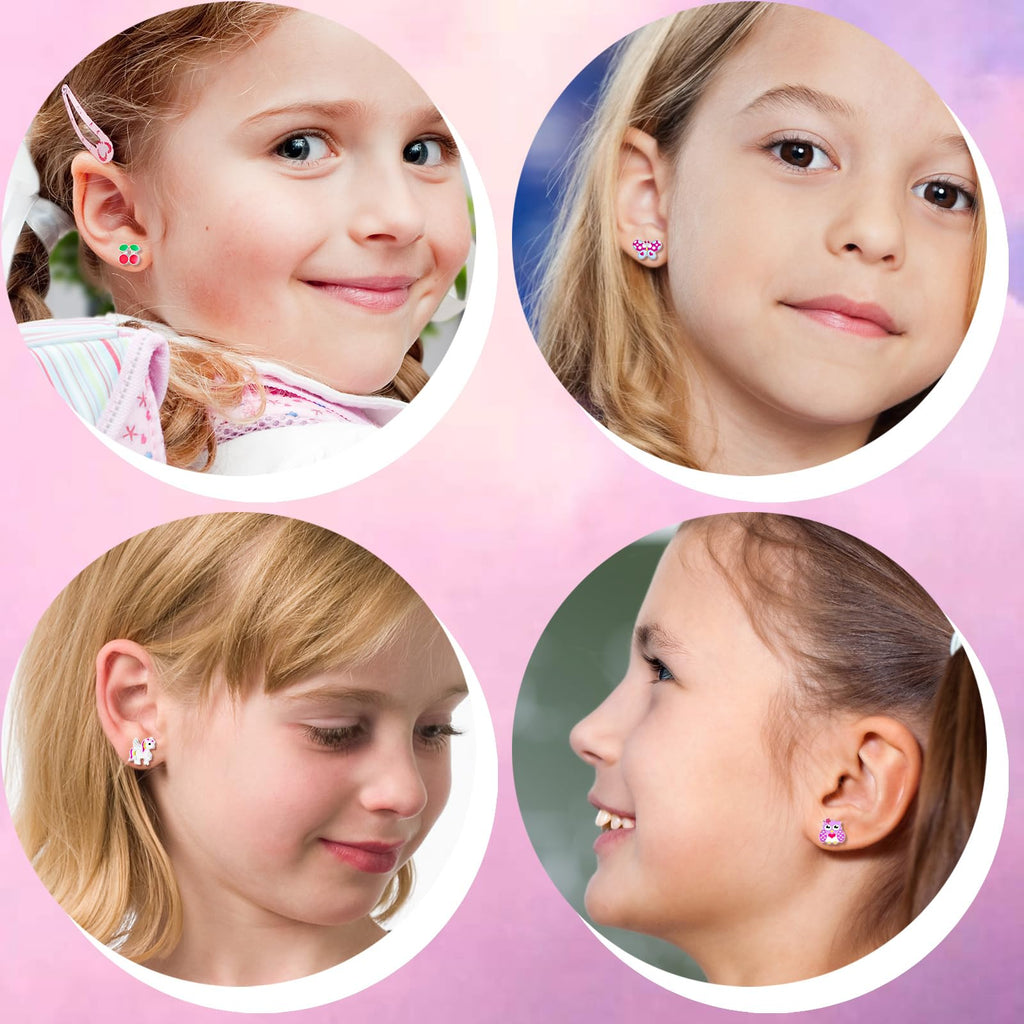 15 Pairs Stud Earrings Set: 12 Cartoon Flat Backs & 3 Mini Hoops with Stainless Steel Screwback Posts
