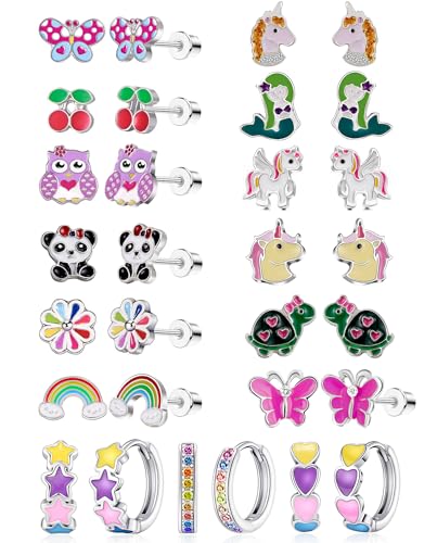 15 Pairs Stud Earrings Set: 12 Cartoon Flat Backs & 3 Mini Hoops with Stainless Steel Screwback Posts