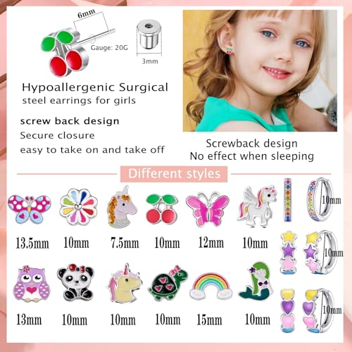 15 Pairs Stud Earrings Set: 12 Cartoon Flat Backs & 3 Mini Hoops with Stainless Steel Screwback Posts