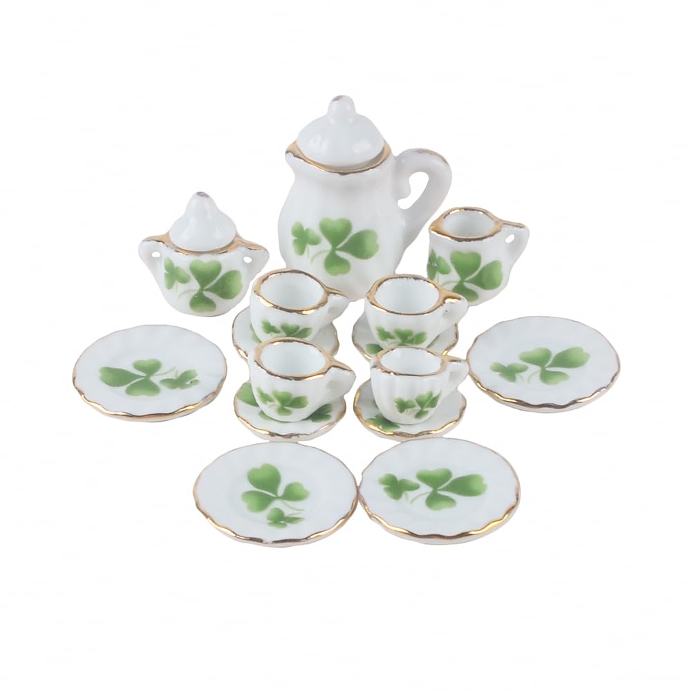 15-Piece 1:12 Scale Ceramic Tea Set for Dollhouse Kitchen – Teapot, Cups, Saucers
