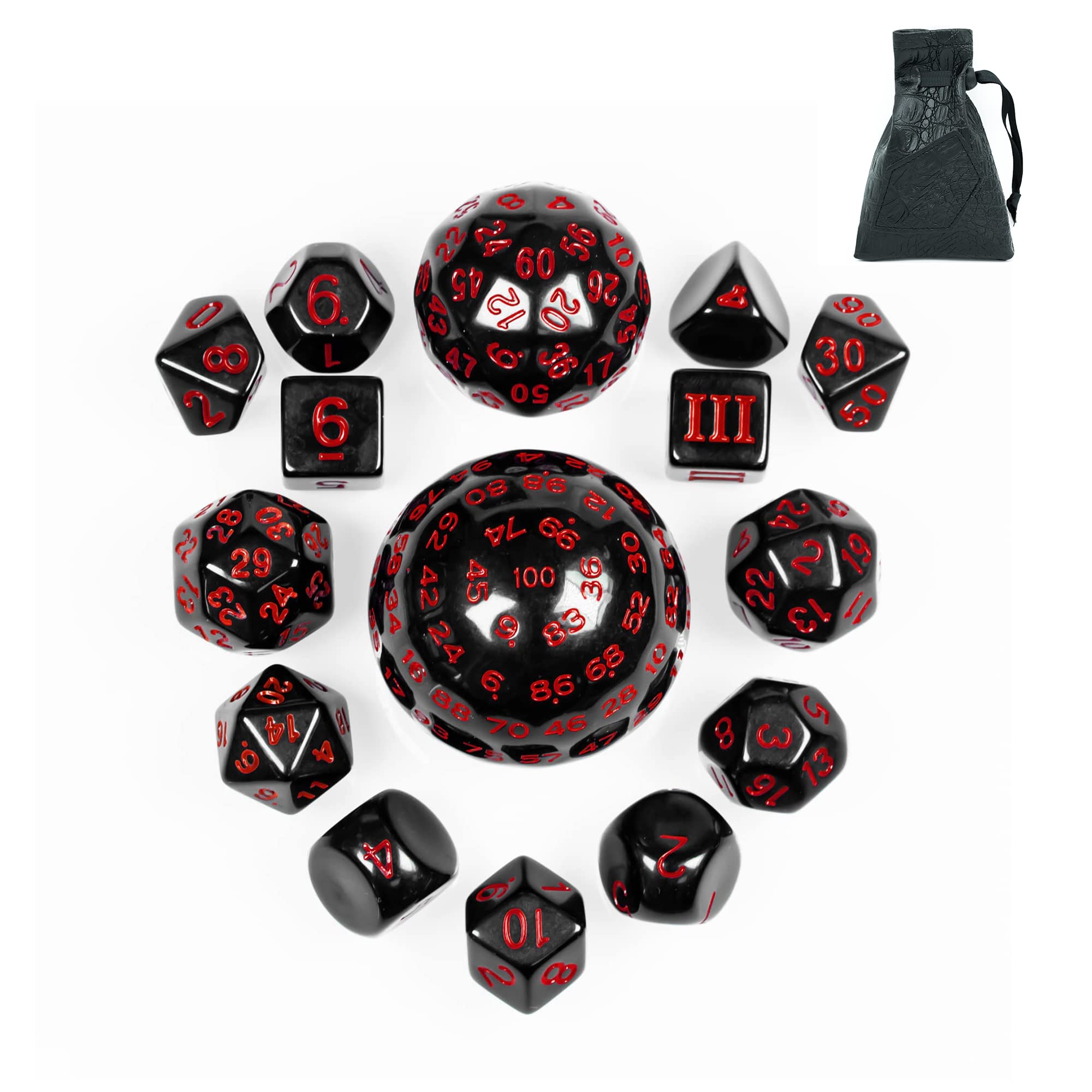 15-Piece DND Dice Set D3-D100 with Dragon Eye Bag – Polyhedral Acrylic RPG Dice (Black/Red Numbers)