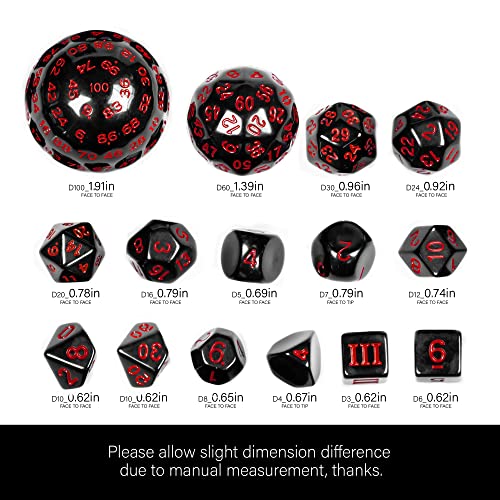 15-Piece DND Dice Set D3-D100 with Dragon Eye Bag – Polyhedral Acrylic RPG Dice (Black/Red Numbers)
