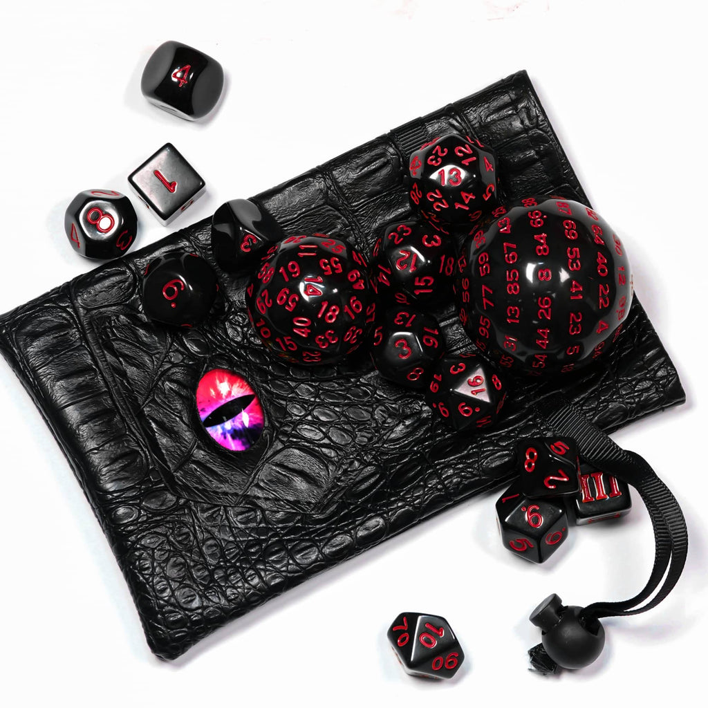 15-Piece DND Dice Set D3-D100 with Dragon Eye Bag – Polyhedral Acrylic RPG Dice (Black/Red Numbers)