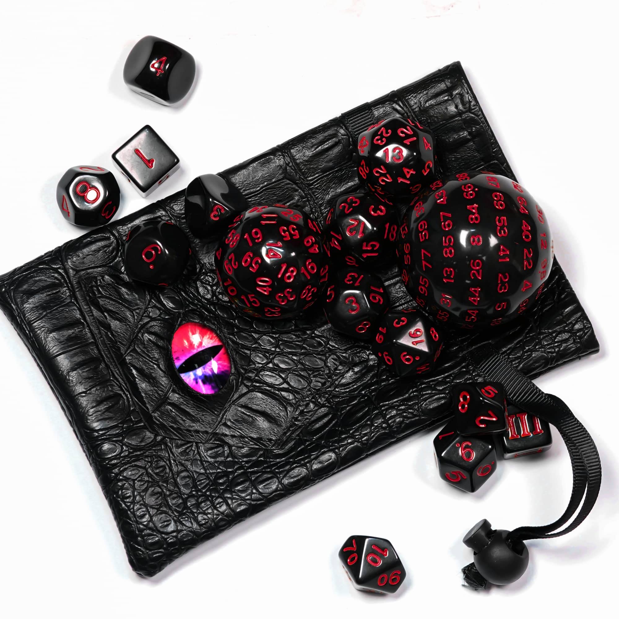 15-Piece DND Dice Set D3-D100 with Dragon Eye Bag – Polyhedral Acrylic RPG Dice (Black/Red Numbers)