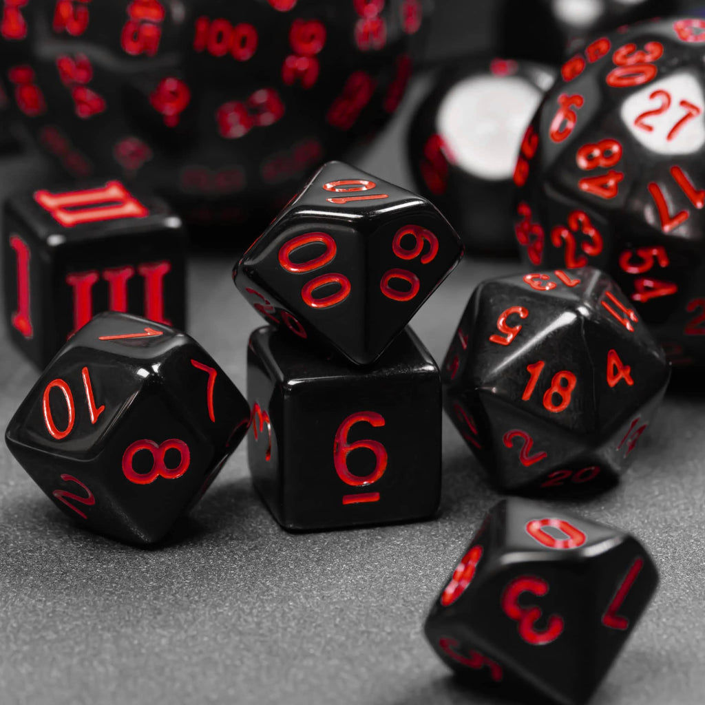 15-Piece DND Dice Set D3-D100 with Dragon Eye Bag – Polyhedral Acrylic RPG Dice (Black/Red Numbers)