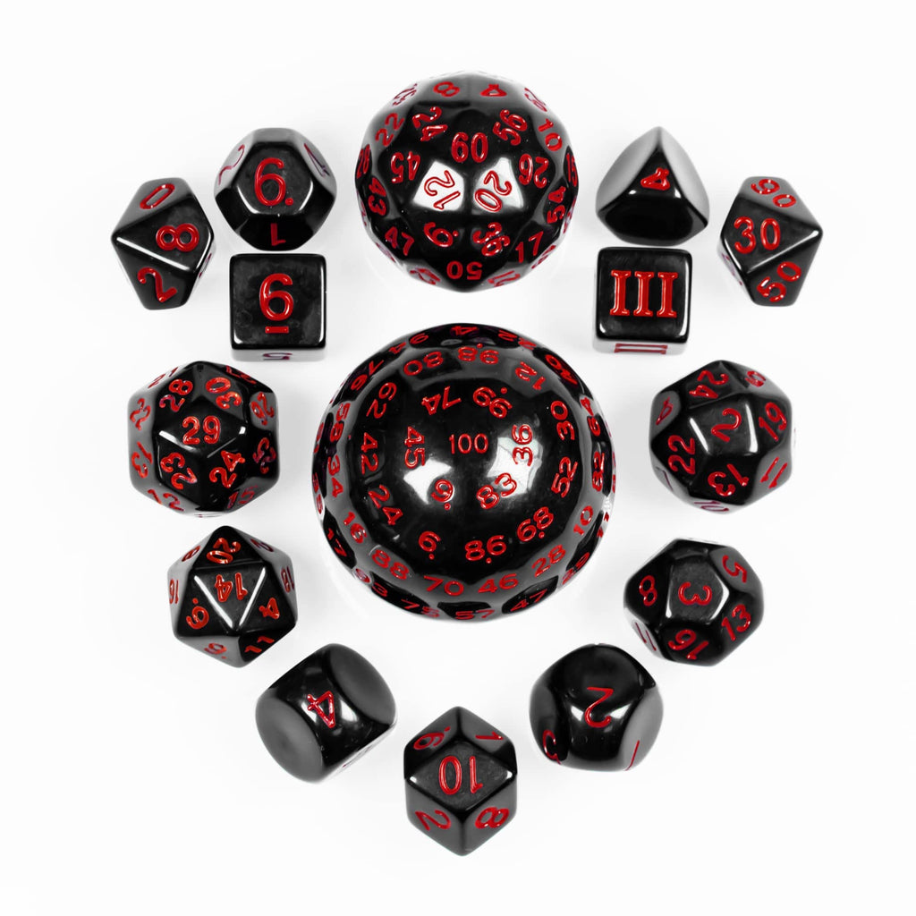 15-Piece DND Dice Set D3-D100 with Dragon Eye Bag – Polyhedral Acrylic RPG Dice (Black/Red Numbers)