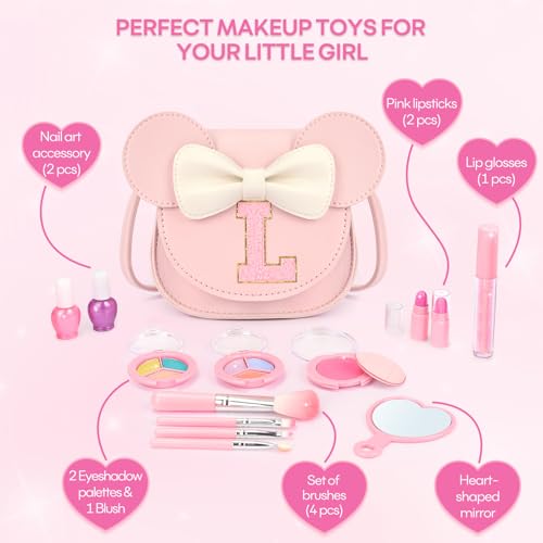 15-Piece Kids Makeup Kit - Washable Non-Toxic Cosmetics in Crossbody Purse for Girls Ages 3-8