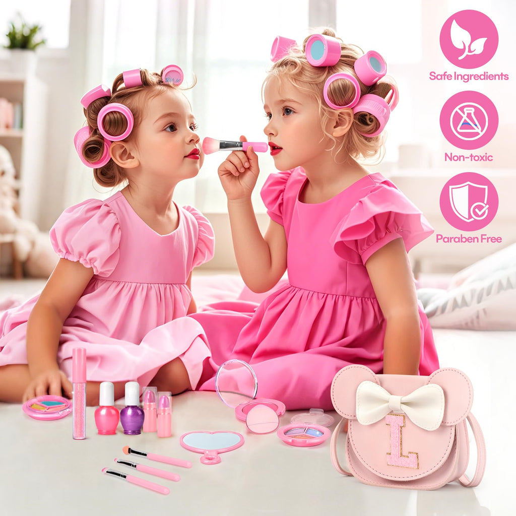 15-Piece Kids Makeup Kit - Washable Non-Toxic Cosmetics in Crossbody Purse for Girls Ages 3-8