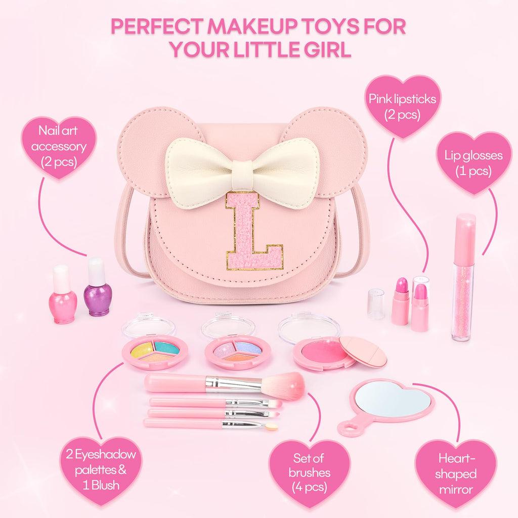 15-Piece Kids Makeup Kit - Washable Non-Toxic Cosmetics in Crossbody Purse for Girls Ages 3-8