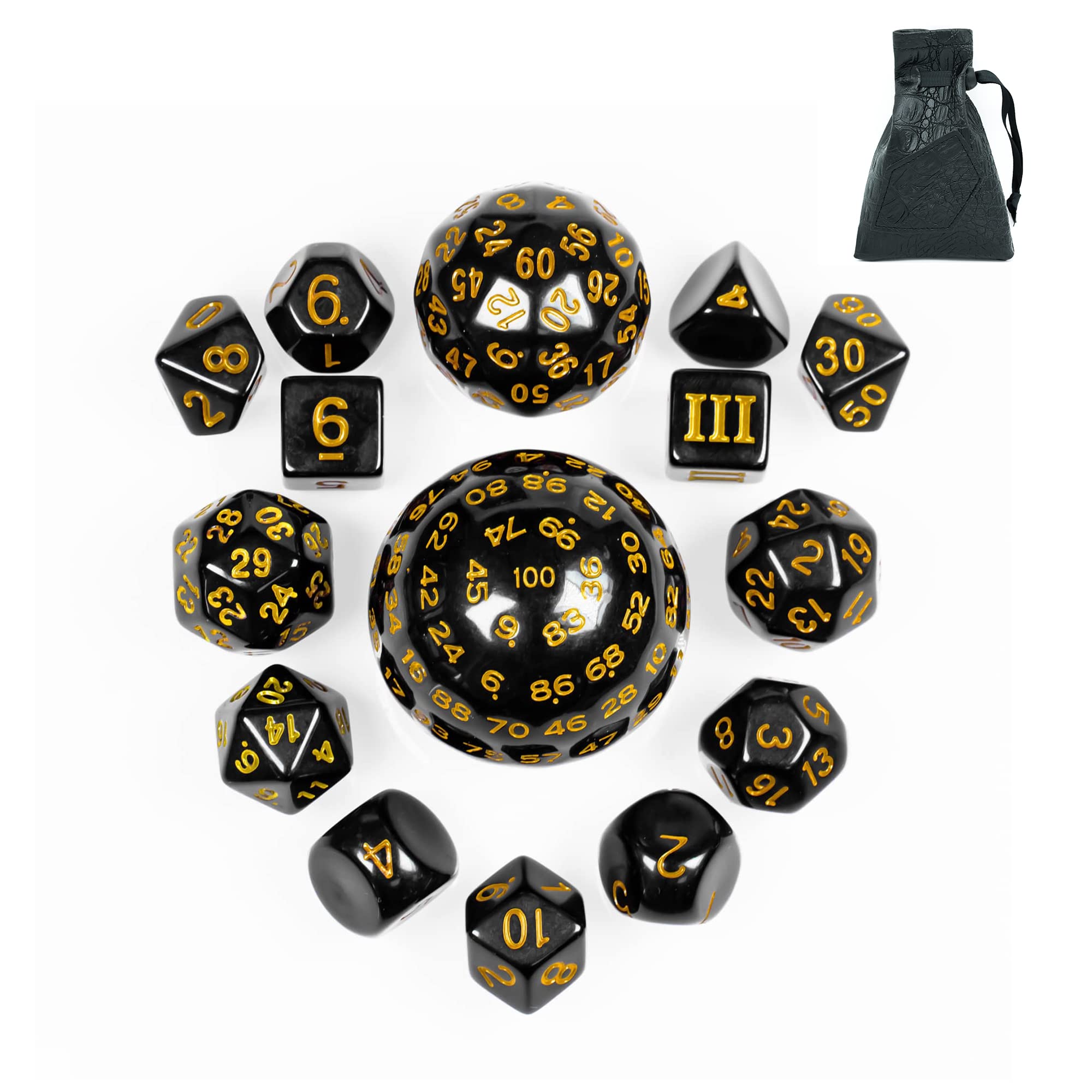 15-Piece Polyhedral DND Dice Set D3 to D100 - Black with Yellow Numbers, Includes Dragon Eye Dice Bag