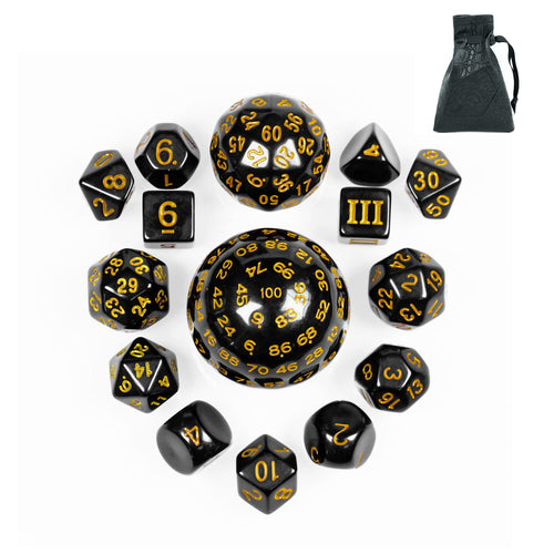 15-Piece Polyhedral DND Dice Set D3 to D100 - Black with Yellow Numbers, Includes Dragon Eye Dice Bag