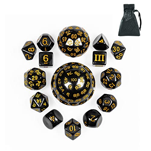 15-Piece Polyhedral DND Dice Set D3 to D100 - Black with Yellow Numbers, Includes Dragon Eye Dice Bag