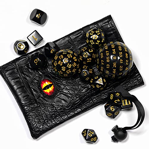 15-Piece Polyhedral DND Dice Set D3 to D100 - Black with Yellow Numbers, Includes Dragon Eye Dice Bag