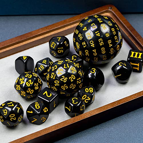 15-Piece Polyhedral DND Dice Set D3 to D100 - Black with Yellow Numbers, Includes Dragon Eye Dice Bag