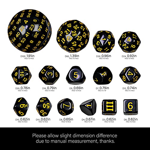 15-Piece Polyhedral DND Dice Set D3 to D100 - Black with Yellow Numbers, Includes Dragon Eye Dice Bag