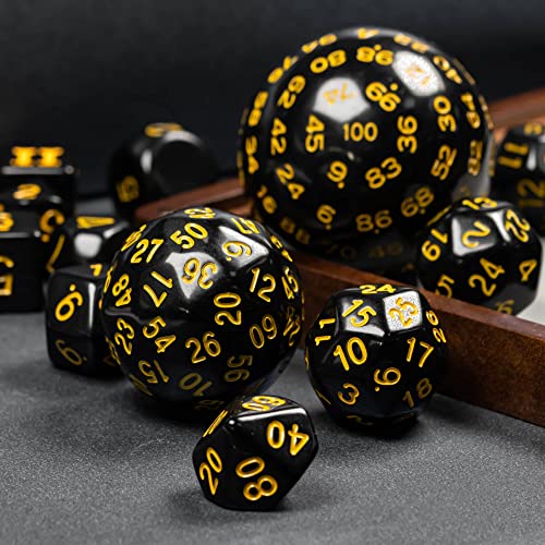 15-Piece Polyhedral DND Dice Set D3 to D100 - Black with Yellow Numbers, Includes Dragon Eye Dice Bag