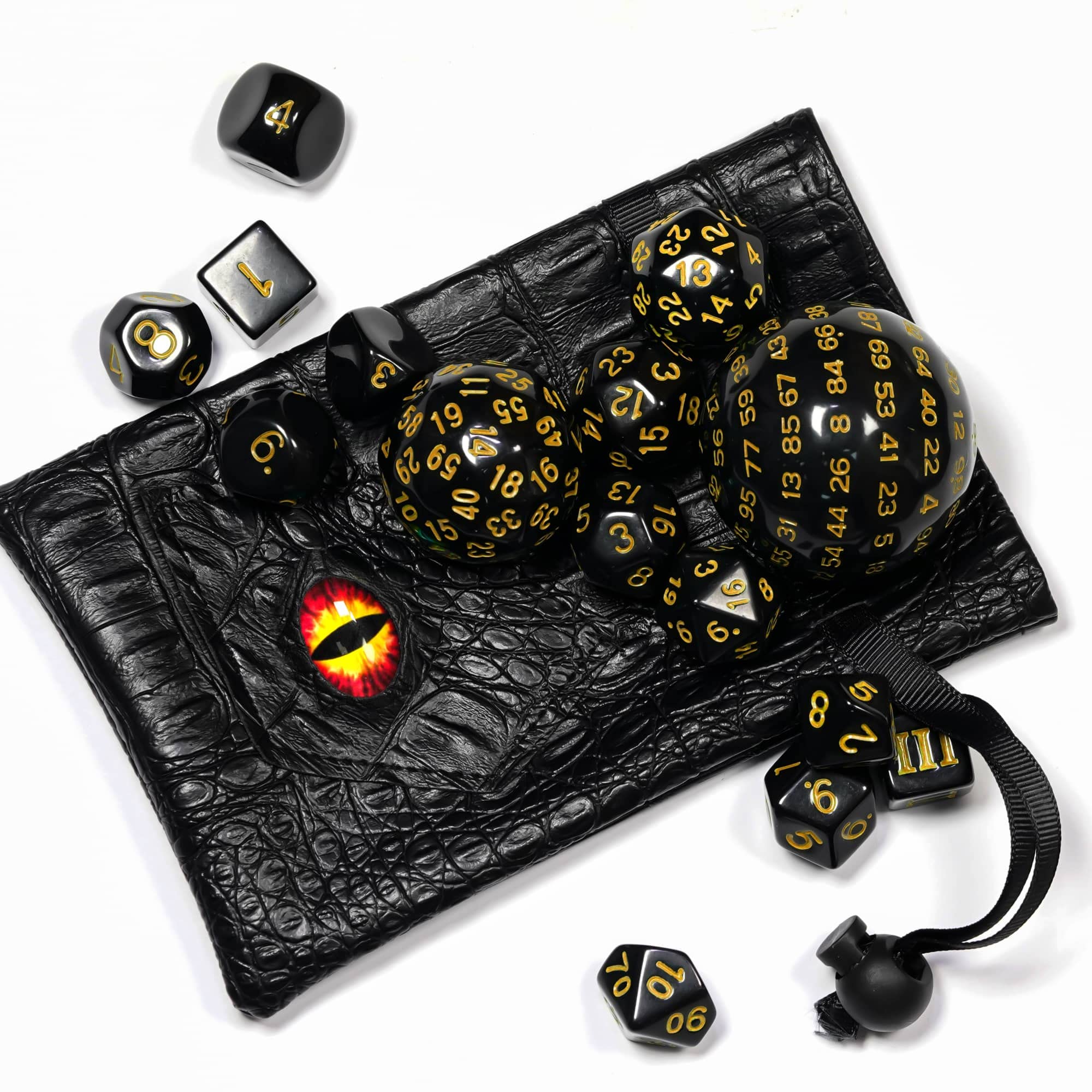 15-Piece Polyhedral DND Dice Set D3 to D100 - Black with Yellow Numbers, Includes Dragon Eye Dice Bag