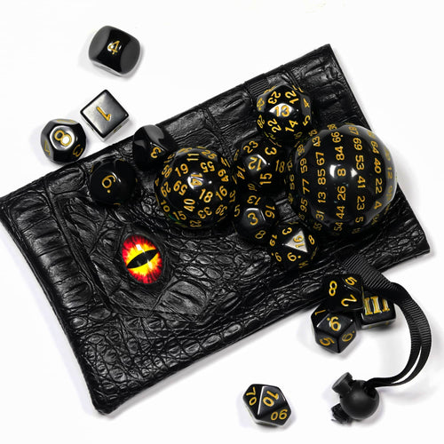 15-Piece Polyhedral DND Dice Set D3 to D100 - Black with Yellow Numbers, Includes Dragon Eye Dice Bag