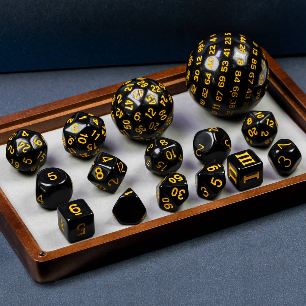 15-Piece Polyhedral DND Dice Set D3 to D100 - Black with Yellow Numbers, Includes Dragon Eye Dice Bag