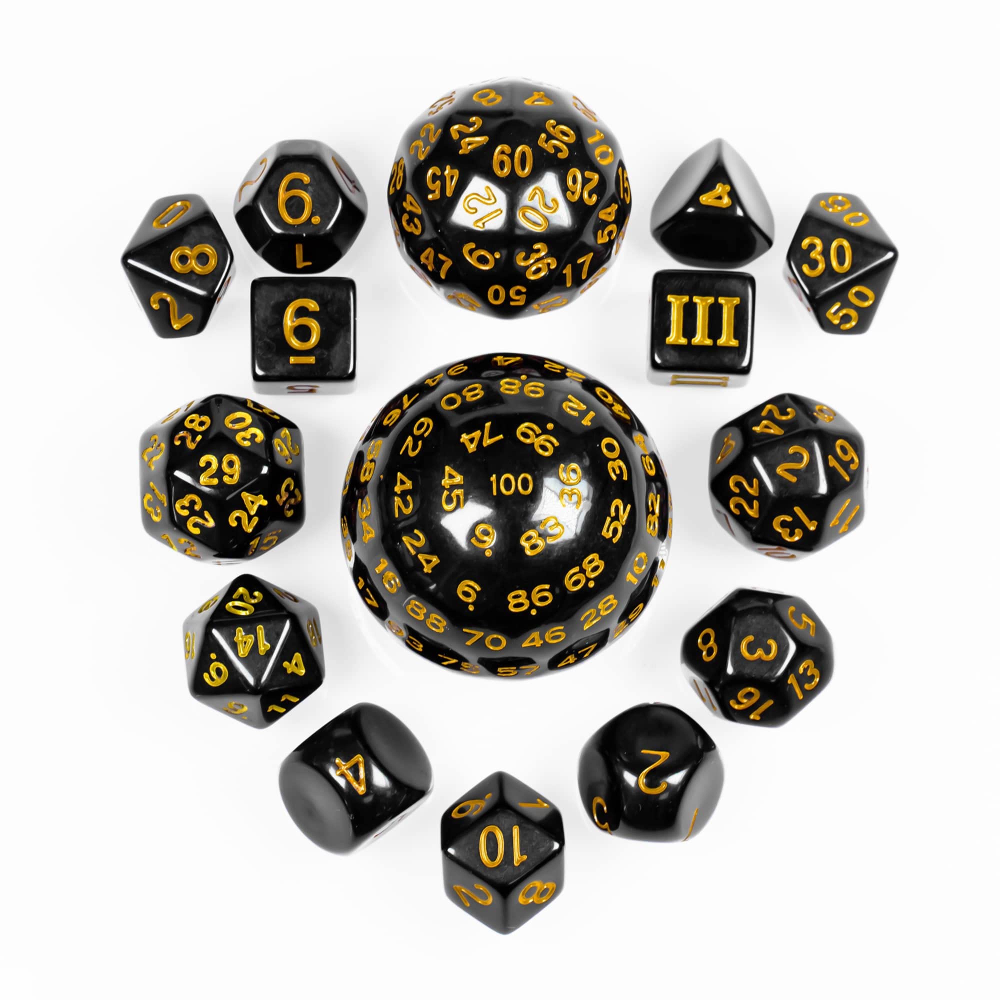 15-Piece Polyhedral DND Dice Set D3 to D100 - Black with Yellow Numbers, Includes Dragon Eye Dice Bag