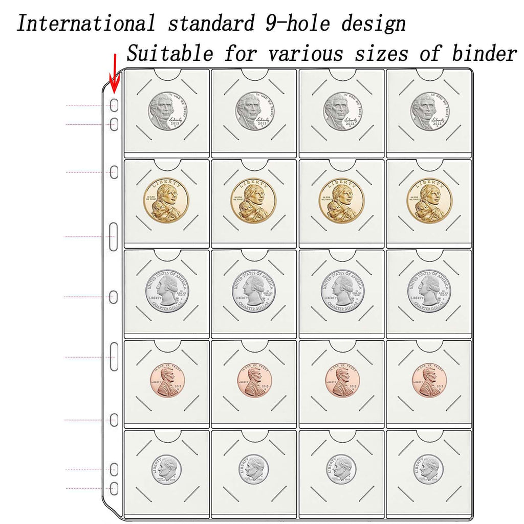 15 Sheets 300 Pockets Coin Pocket Pages for 2x2 Cardboard Coin Flips - Acid-Free PVC, 9-Hole Binder Pages