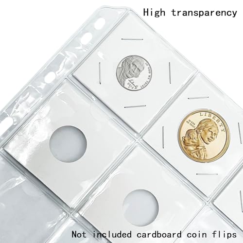 15 Sheets 300 Pockets Coin Pocket Pages for 2x2 Cardboard Coin Flips - Acid-Free PVC, 9-Hole Binder Pages