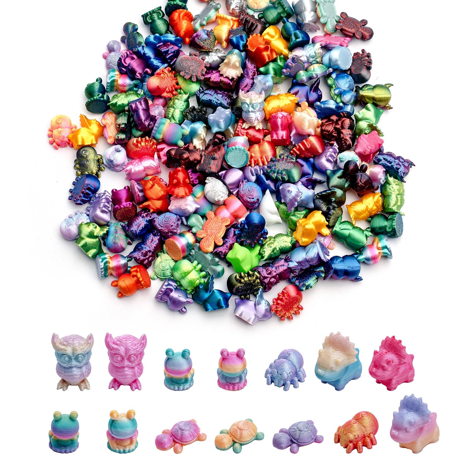 150-Piece 3D Printed Mini Animal Set – Owl, Frog, Rhino, Spider, Turtle – 2 cm Gradient Figurines for Decoration
